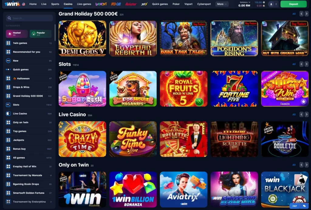1WIN Online Casino games lobby