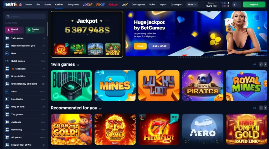 1WIN Online Casino games lobby